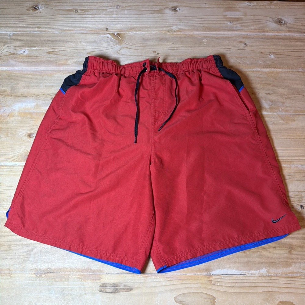Nike Men's Red Large Swim Swimwear Suit Mesh Trunks Solid‎ Lined Boardshorts
